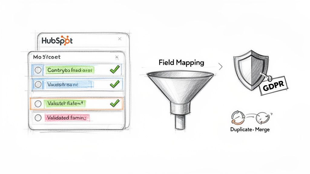 A diagram illustrating CRM data processing, including field mapping, compliance, and duplicate merging.