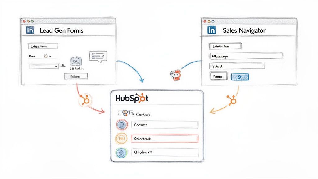 Diagram illustrating data flow from Lead Gen Forms and Sales Navigator to a CRM for contact management.