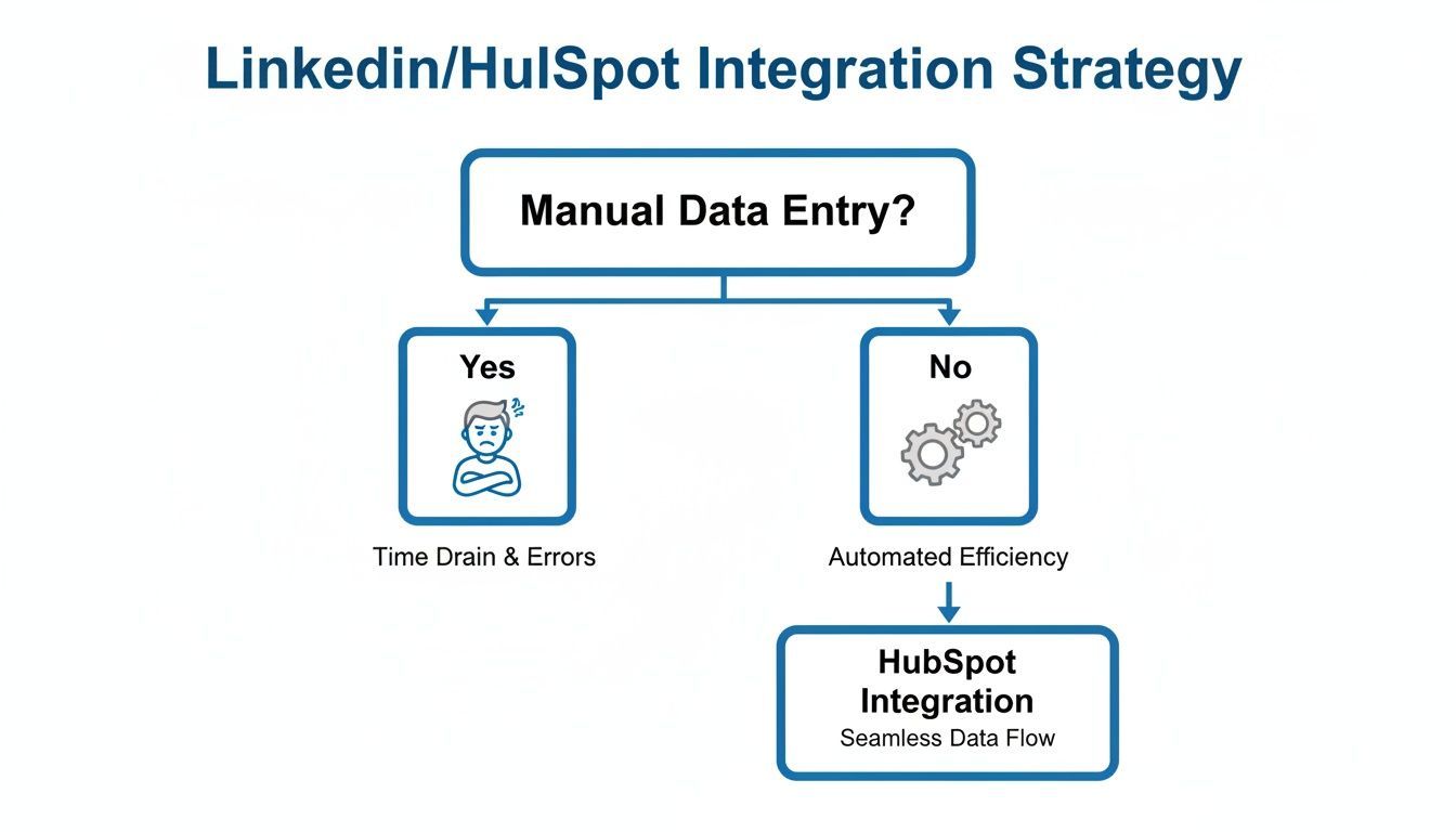 Flowchart illustrating an integration strategy: manual data entry leads to errors, while automation enables seamless CRM integration.