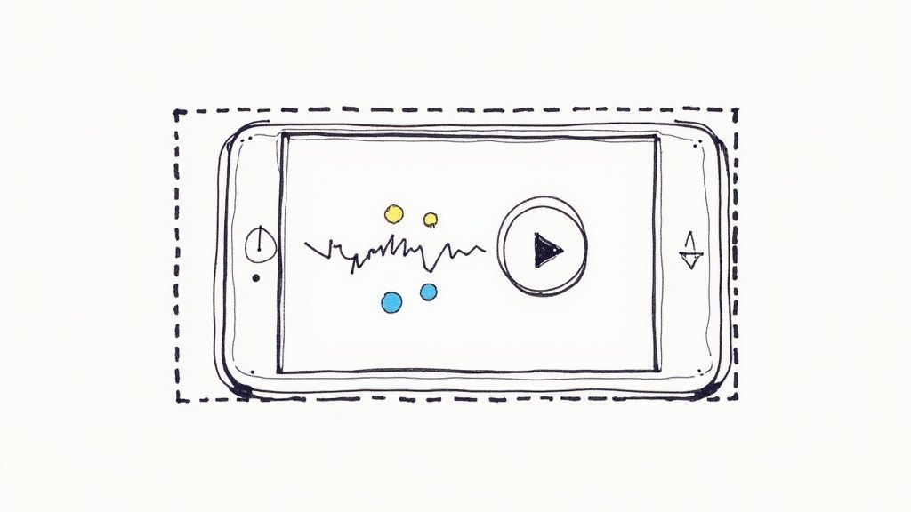 Hand-drawn sketch of a smartphone displaying an audio waveform, play button, and colorful dots.