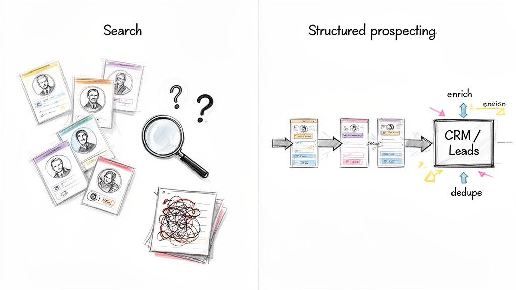 Illustration contrasting chaotic manual search for leads with a structured prospecting and CRM process.
