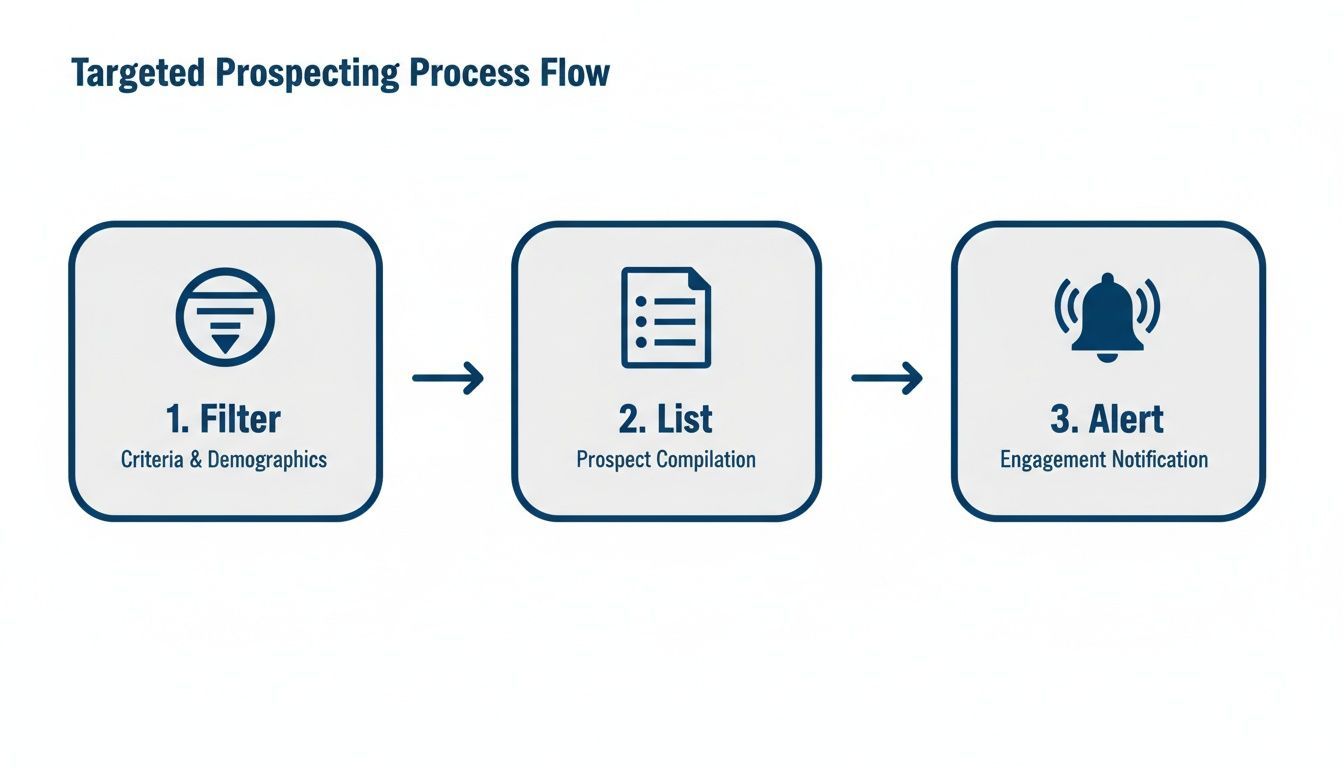Flowchart showing three steps for targeted prospecting: Filter, List, and Alert process.