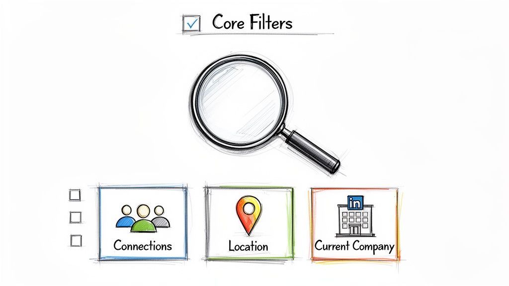 An illustration showing core search filters for finding people, including connections, location, and current company.