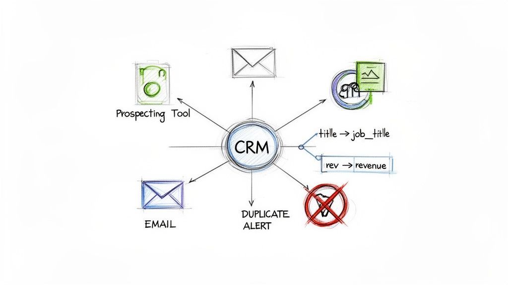 A sketch diagram illustrating CRM integration with prospecting tools, email, data mapping for job titles/revenue, and duplicate alerts.