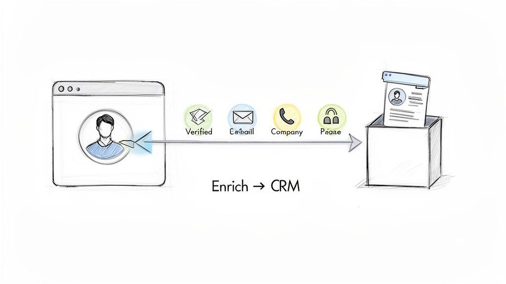 Diagram illustrating the process of enriching a lead profile with verified contact details for CRM.