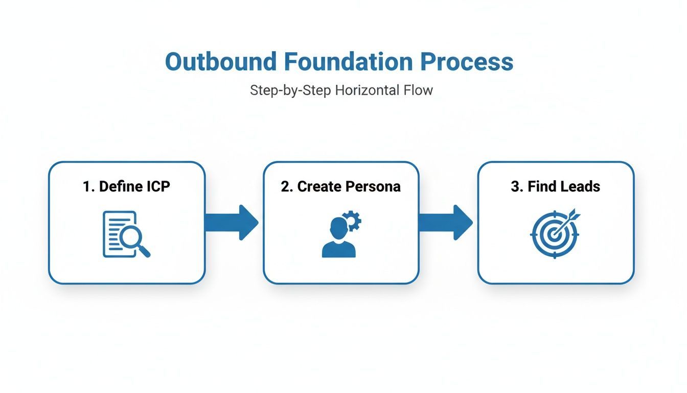 Outbound Foundation Process diagram showing three steps: Define ICP, Create Persona, and Find Leads.