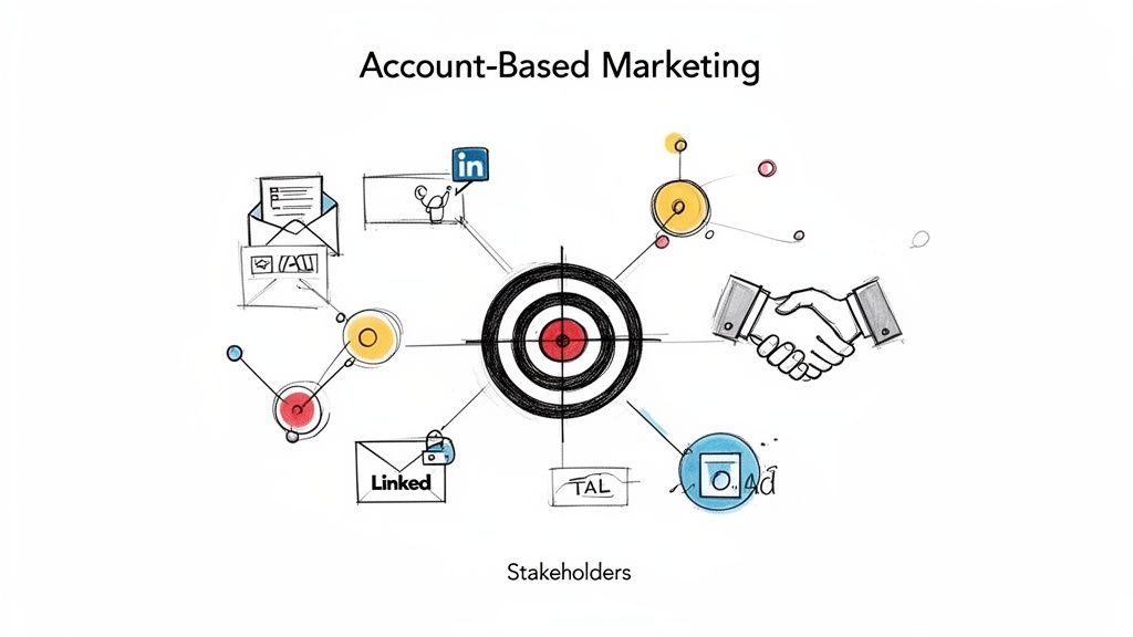 Account-Based Marketing diagram with a central target, showing interconnected channels like LinkedIn, email, ads, and stakeholder engagement.