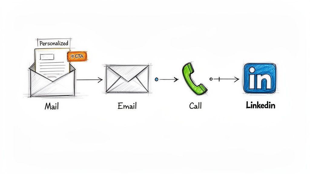 Visual sequence showing mail, email, call, and social media steps for outbound lead generation.