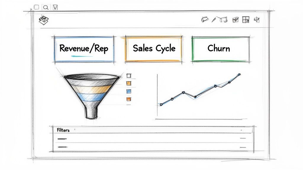 A hand-drawn sketch of a business dashboard showing Revenue, Sales Cycle, Churn, a sales funnel, and a line chart.