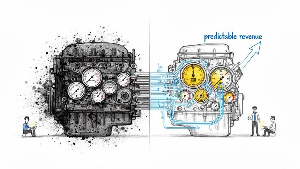 Illustration comparing a chaotic, unoptimized engine with a streamlined system for predictable revenue generation.