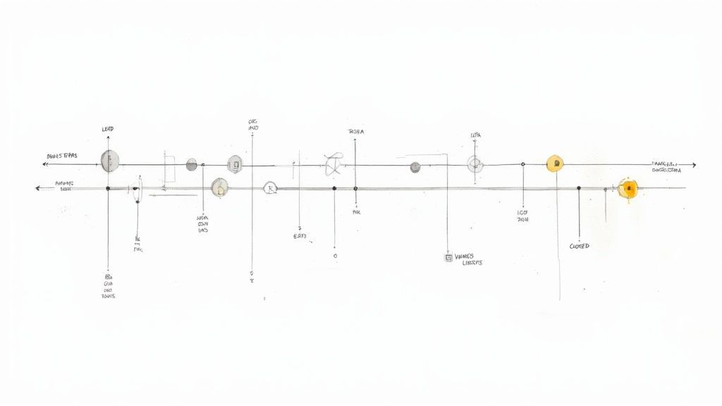 A hand-drawn sales pipeline diagram illustrating stages, leads, and various interconnected process points.