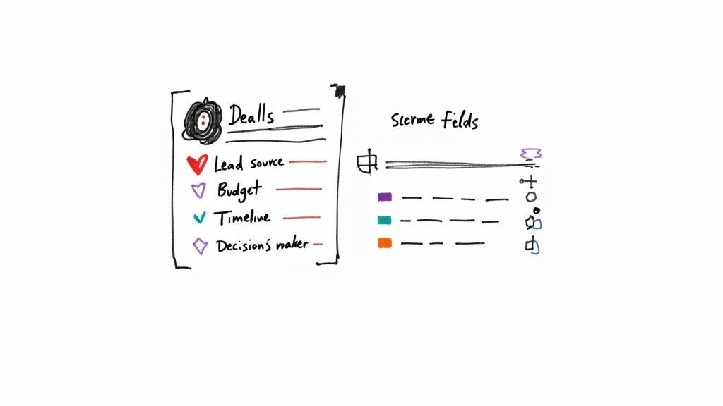 Hand-drawn diagram outlining sales deals and CRM fields with colored progress indicators.