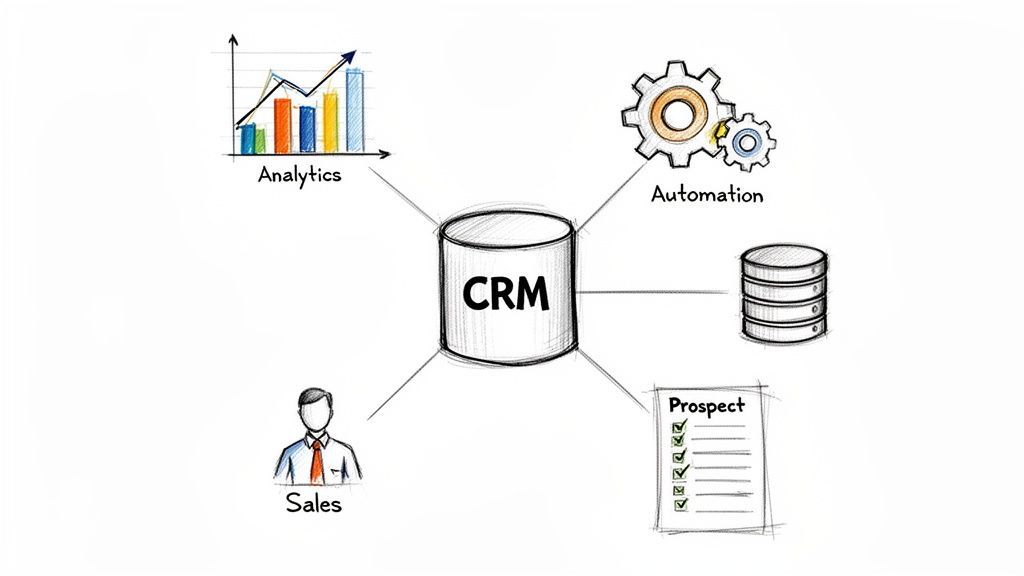 A diagram illustrating a CRM system as the central hub connecting analytics, automation, sales, and prospect management.