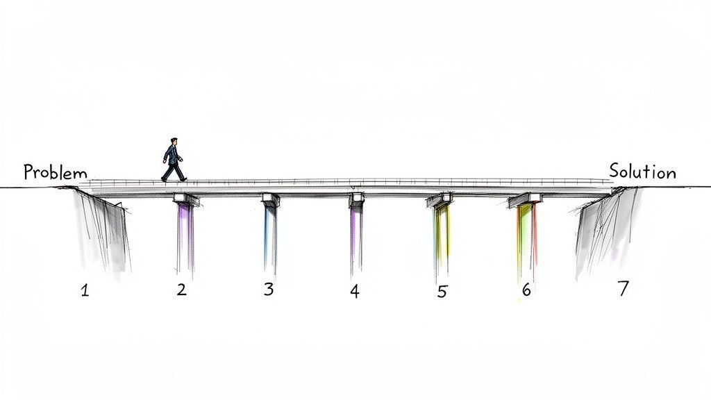 A man walks across a bridge from 'Problem' to 'Solution', supported by seven numbered pillars.