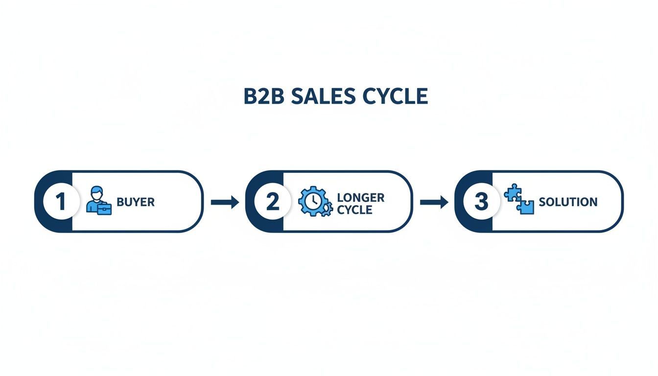 A diagram illustrating the B2B sales cycle with three steps: buyer, longer cycle, and solution.