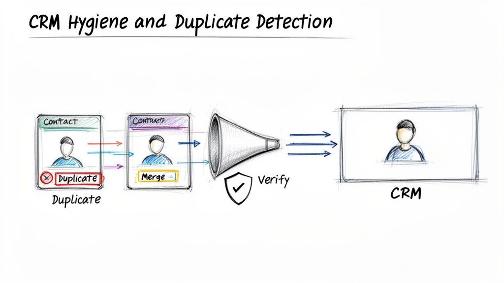 A diagram illustrating CRM hygiene, showing duplicate contact records being merged and verified into a single CRM entry.