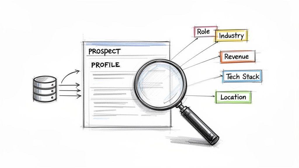 Data flows from a database to a prospect profile, analyzed for role, industry, revenue, tech stack, and location.