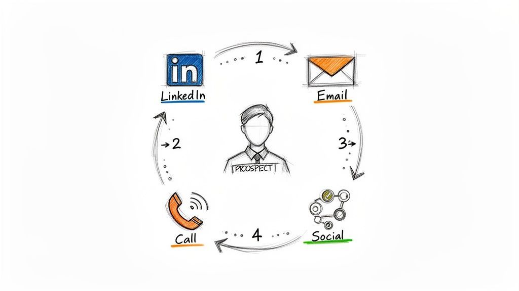 A circular diagram illustrating a sales prospecting cycle around a prospect: LinkedIn, Email, Social, Call.