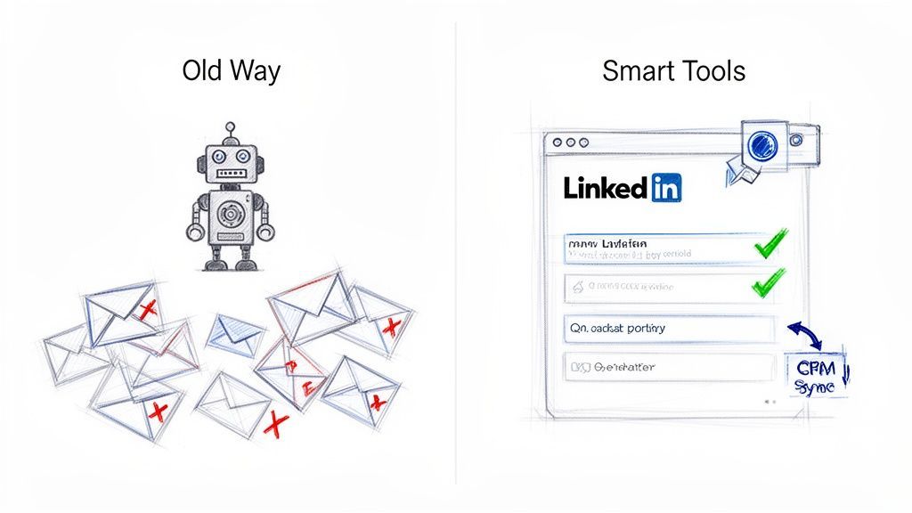 Illustration comparing manual email data extraction with smart, automated LinkedIn tools for improved efficiency.