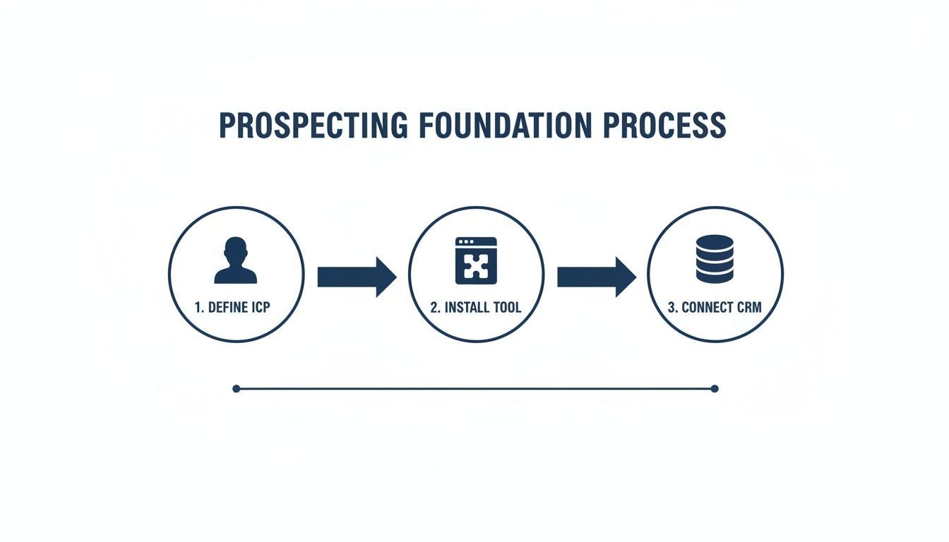 A three-step prospecting foundation process flow diagram: Define ICP, Install Tool, and Connect CRM.