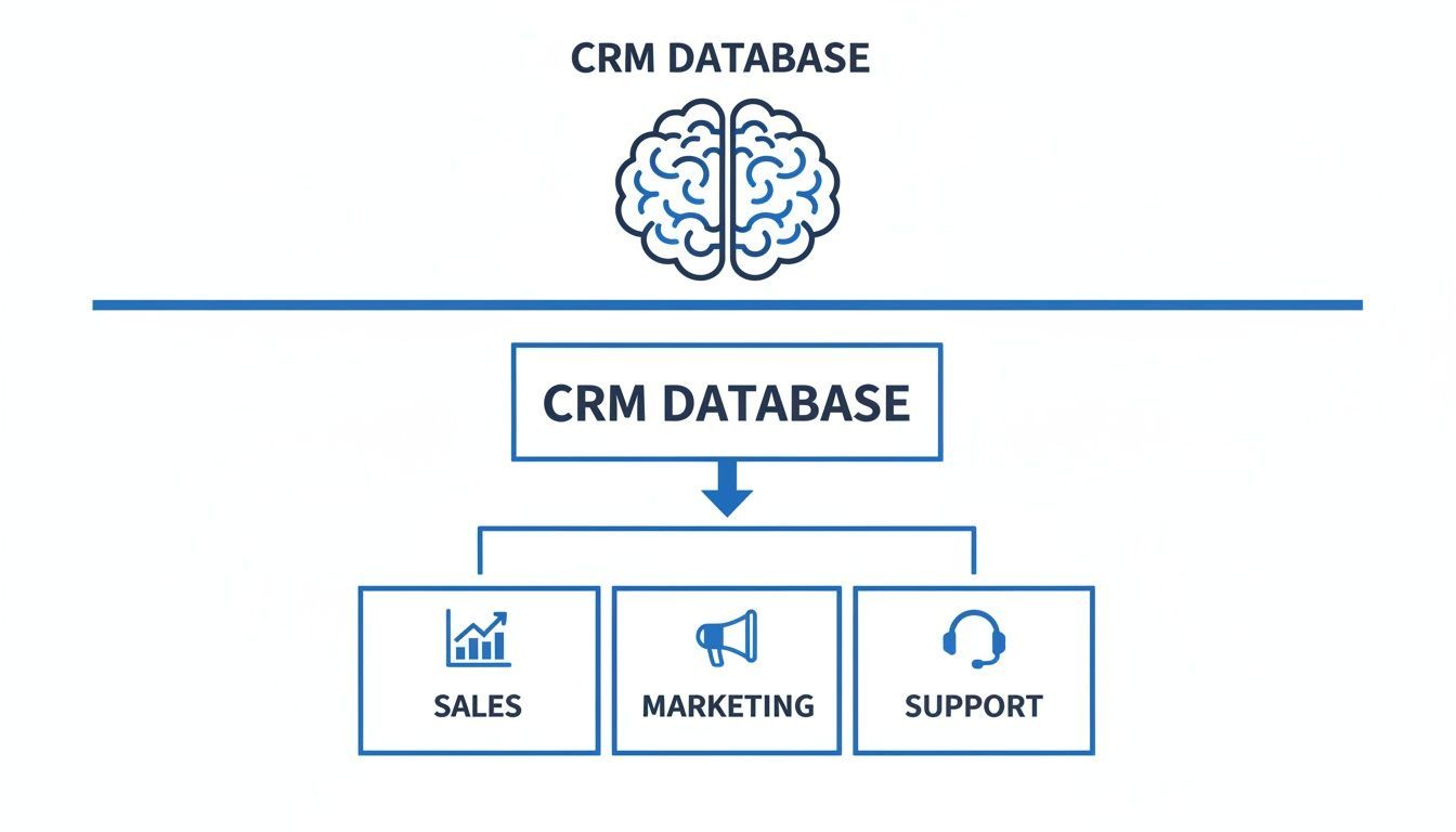 Diagram showing a CRM database as the central brain for sales, marketing, and support functions.