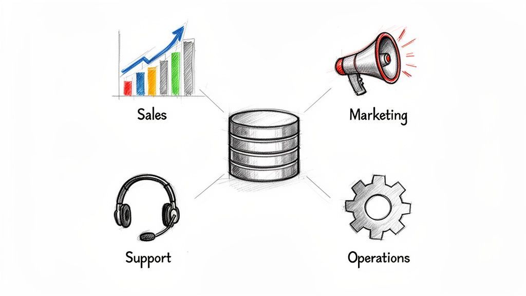 A hand-drawn diagram showing a central database connected to Sales, Marketing, Support, and Operations functions.