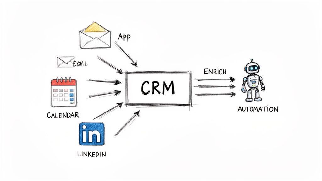 A diagram showing data from email, apps, calendar, and social platforms flowing into a CRM for enrichment and automation.