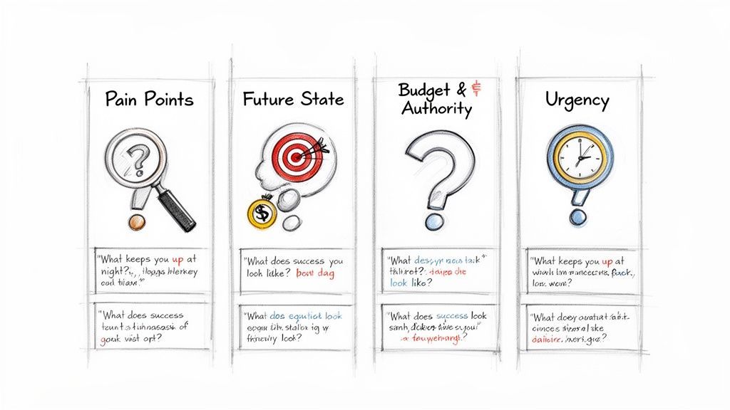 A visual guide outlining key questions for discovery calls across pain points, future state, budget, and urgency categories.