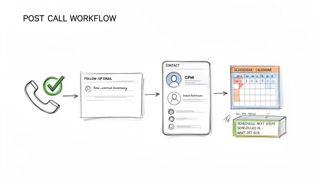 Diagram illustrating a post-call workflow, from completing a call to sending an email and scheduling next steps.