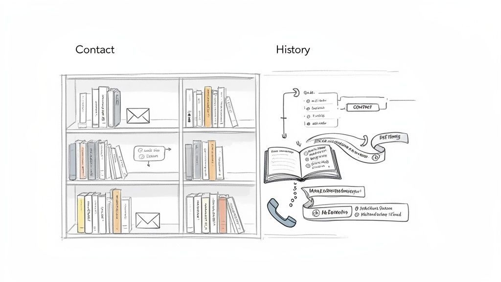 A whiteboard sketch illustrating contact and history management concepts with a bookshelf and flowchart.