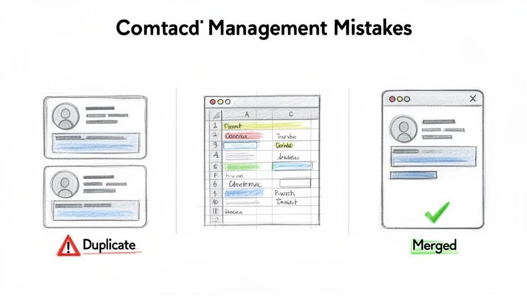 Diagram illustrating how duplicate contact management data errors are corrected by merging records.