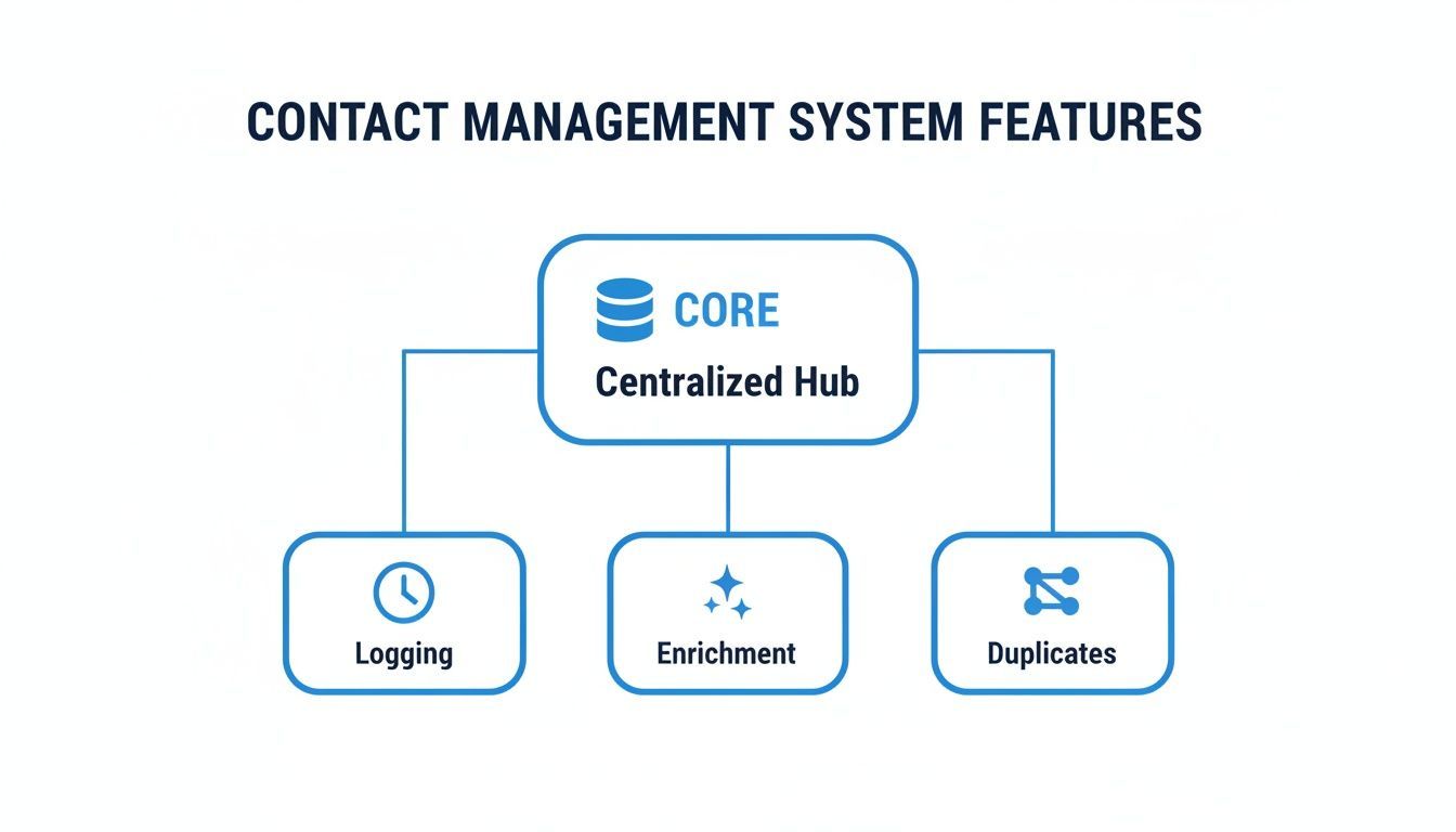 Diagram showing contact management system features: a centralized hub with logging, enrichment, and duplicate management.