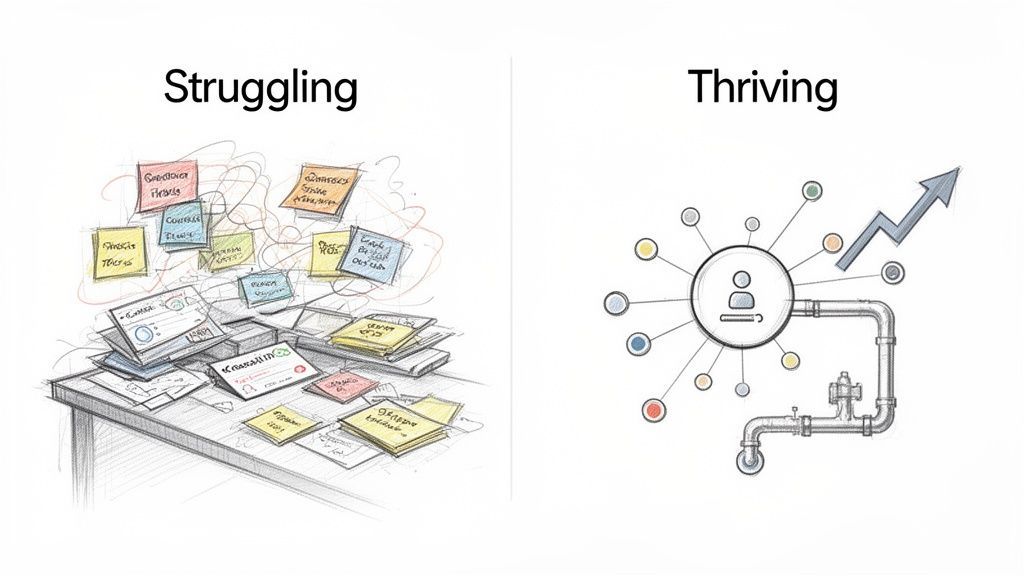 Comparison of a messy, struggling workspace with a structured, thriving contact management system.
