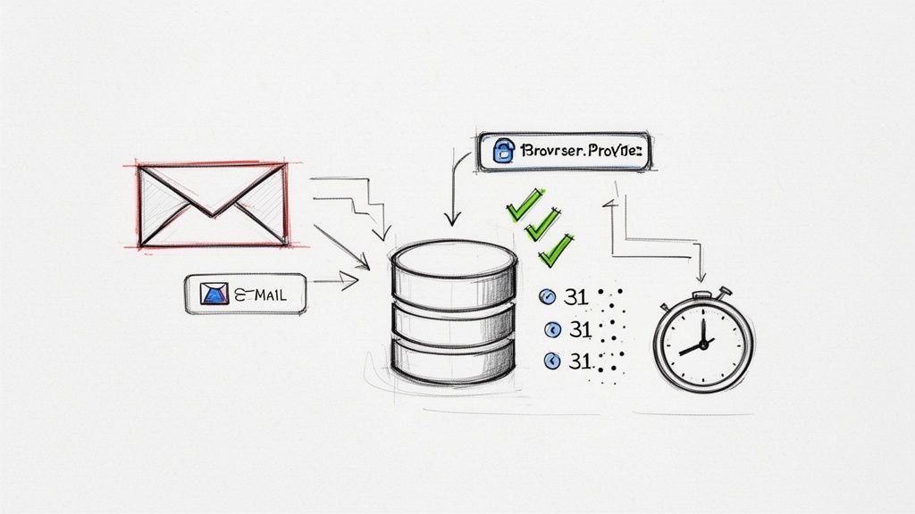 Sketch illustrating data ingestion from email and browser to a database, followed by validation and timing.