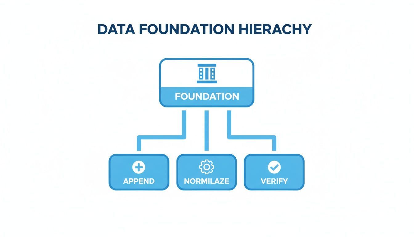 Flowchart illustrating the data foundation hierarchy with steps: Foundation, Append, Normilaze, and Verify.