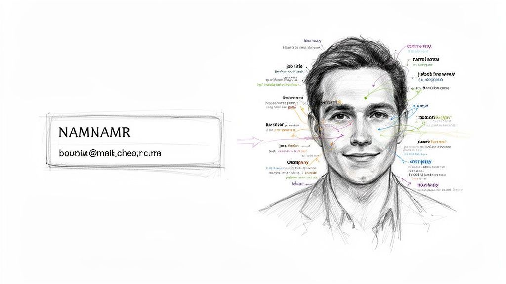 A detailed sketch of a man's face with various data points and labels indicating personal and professional information.