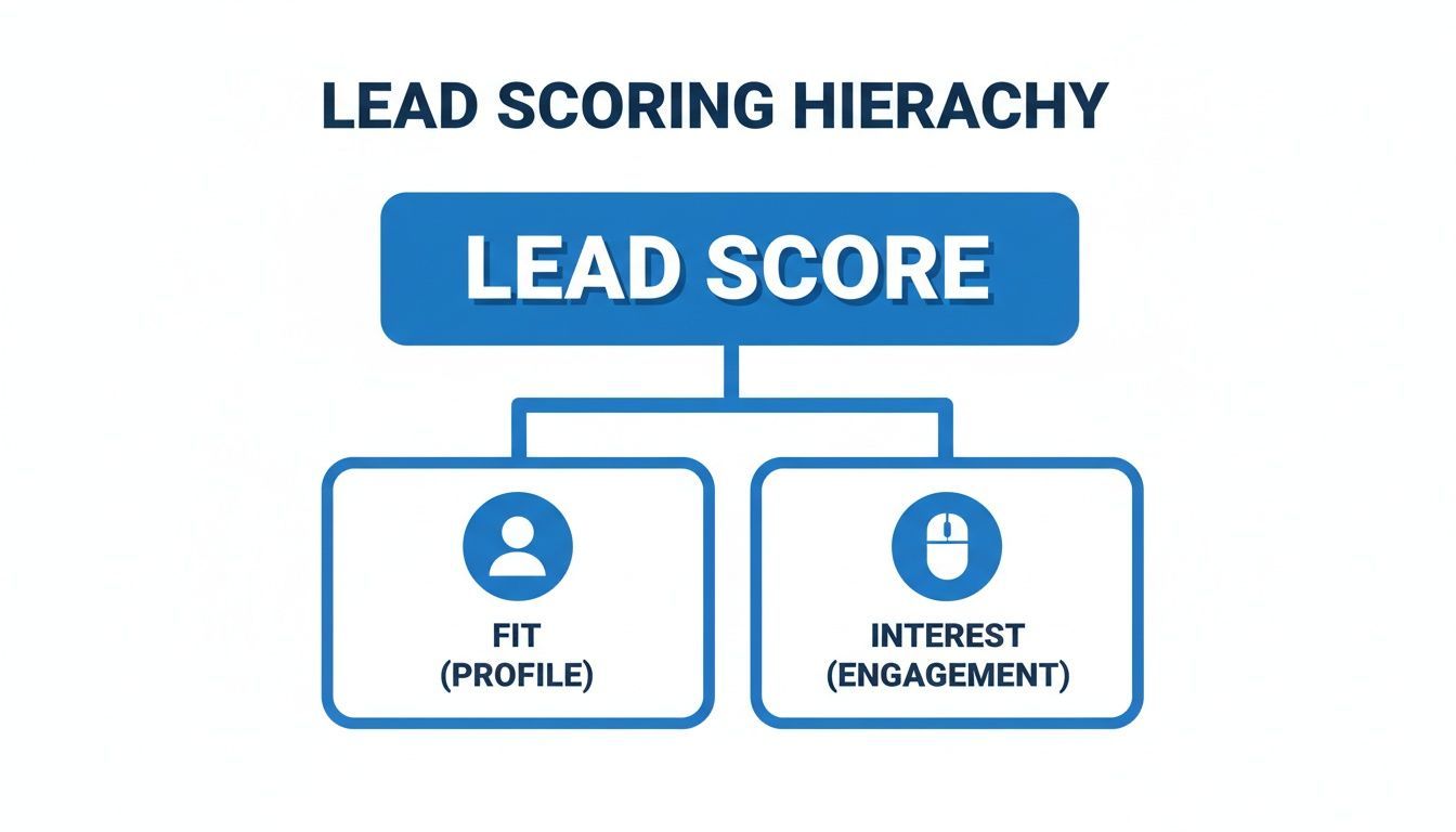 Diagram illustrating lead scoring hierarchy, breaking down lead score into fit (profile) and interest (engagement).