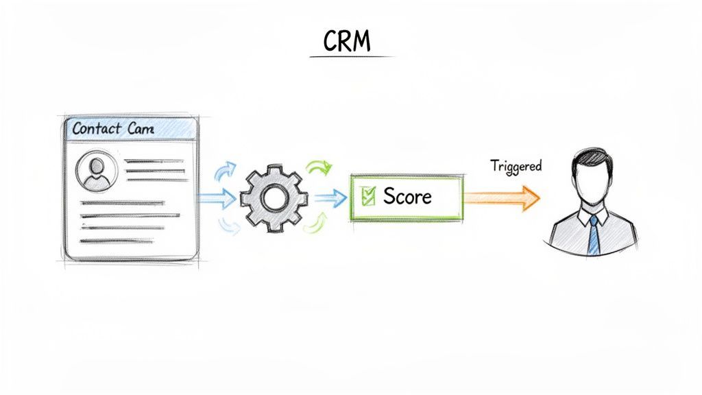 Diagram illustrating a CRM contact processed through a system to generate a score, triggering an action.
