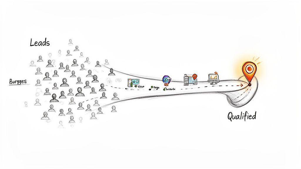 Illustration of a marketing or sales funnel converting numerous leads into qualified prospects.