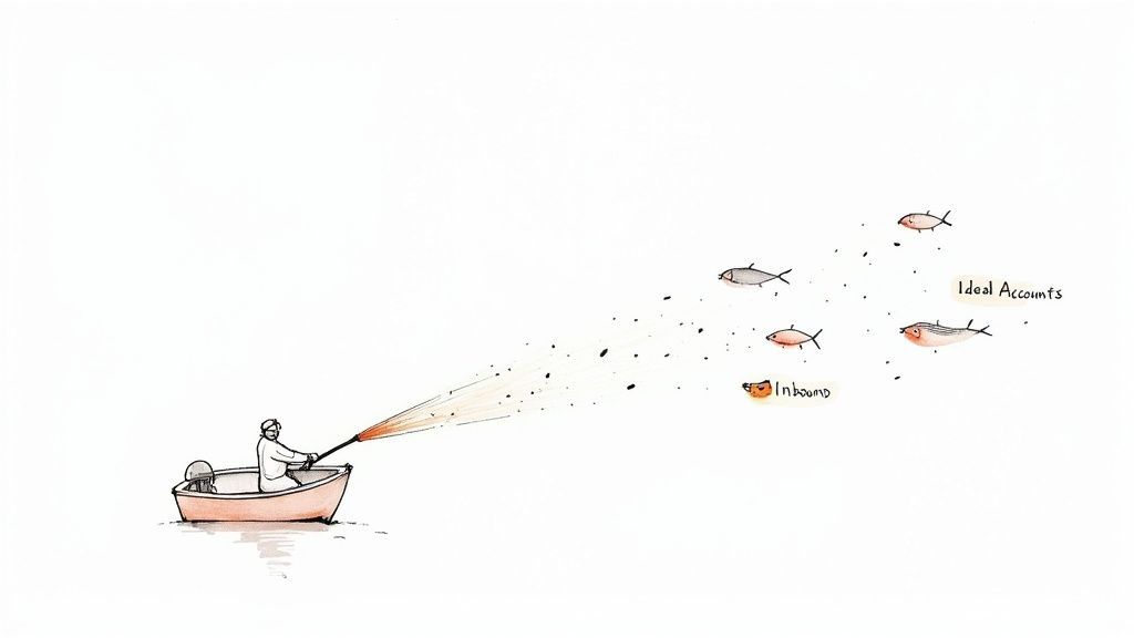 A person in a rowboat actively targets 'Ideal Accounts' (fish) with a spear, illustrating an outbound sales strategy.