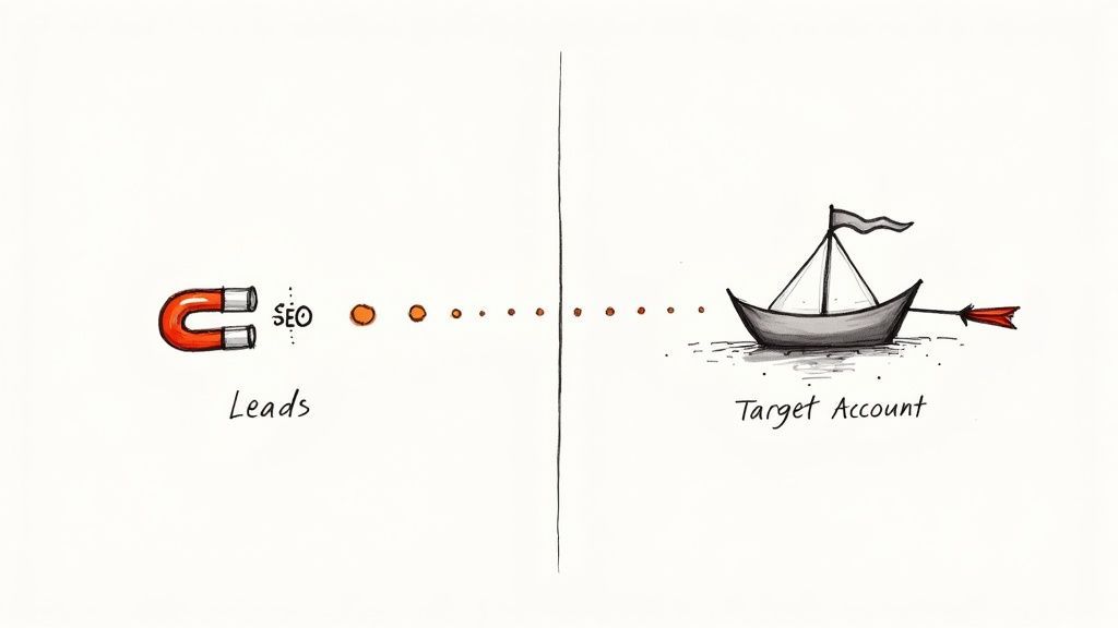 An illustration showing a magnet labeled 'Leads' attracting dots, flowing towards a sailboat labeled 'Target Account', with 'SEO' indicated.