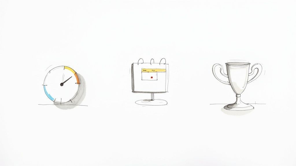 Hand-drawn icons depicting a clock, a calendar with a highlighted date, and a trophy, symbolizing time, deadlines, and success.
