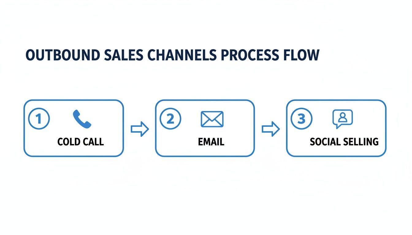 Outbound sales channels process flow diagram illustrating cold calling, email, and social selling steps.