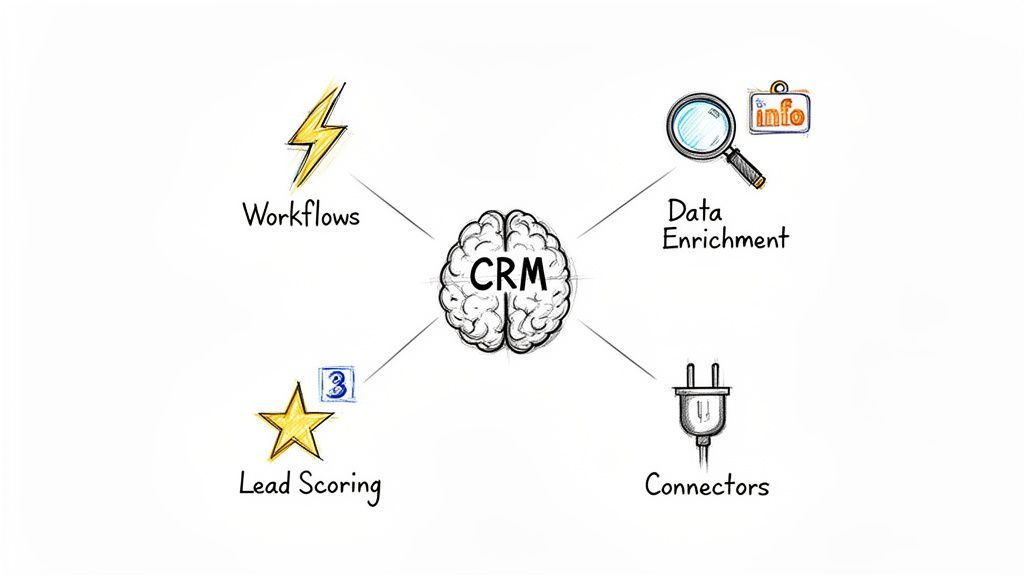 A mind map showing CRM features: workflows, data enrichment, lead scoring, and connectors.