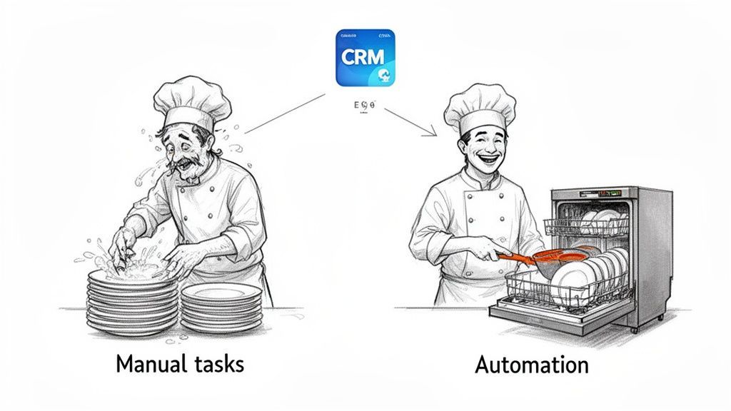 A chef struggling with manual dishwashing versus a happy chef using automation with a dishwasher, powered by CRM.