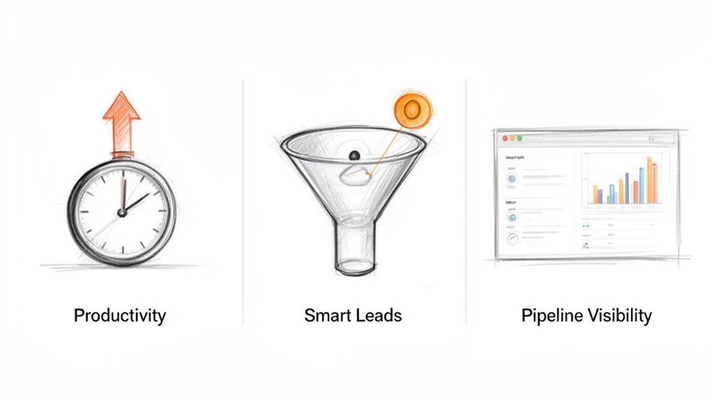 Three hand-drawn sketches showing a clock with an up arrow for productivity, a funnel for smart leads, and a dashboard for pipeline visibility.