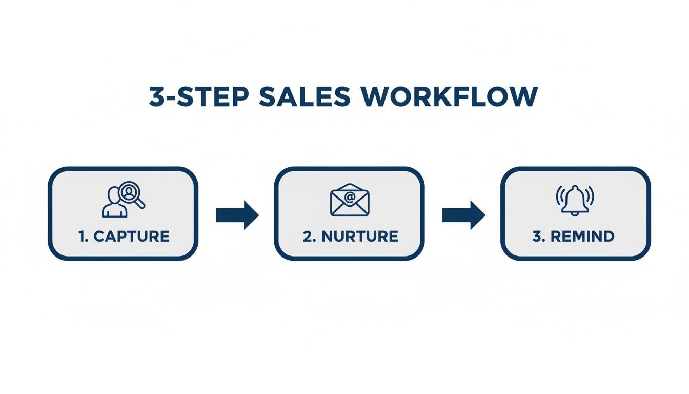A visual diagram illustrating a 3-step sales workflow: Capture, Nurture, and Remind, with corresponding icons.
