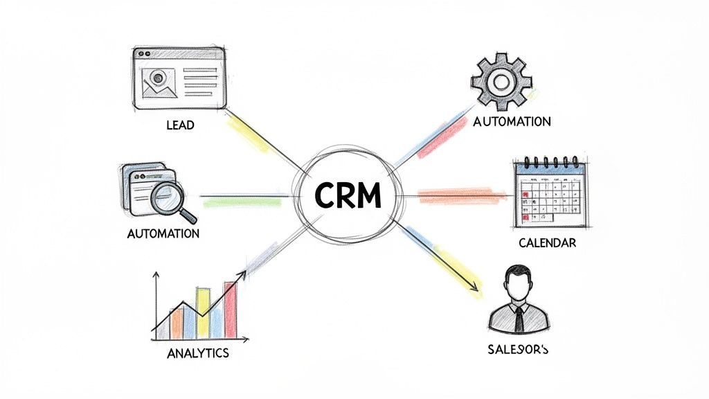 A hand-drawn diagram illustrating CRM functionalities including lead, automation, calendar, sales, and analytics.