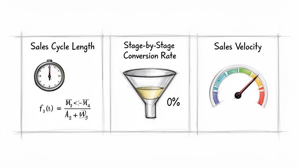 Three key sales performance metrics displayed: sales cycle length, stage conversion rate, and sales velocity.